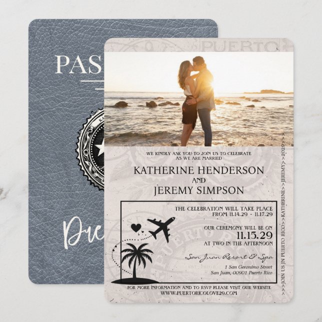 Invitación a la boda de Silver Puerto Rico Passpor (Anverso / Reverso)