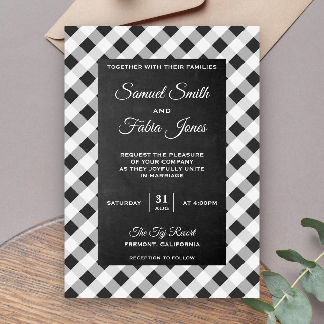 Invitación a la boda de Slate Gray Gingham Chalkbo (Subido por el creador)