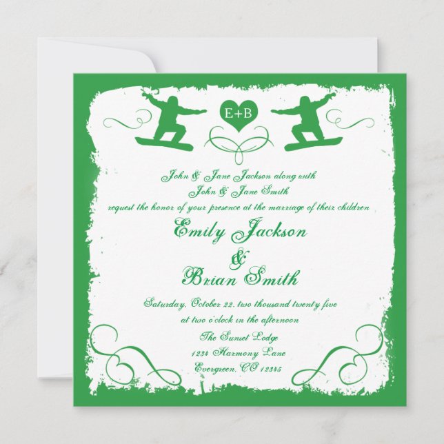 Invitación a la boda de snowboard en verde blanco (Anverso)