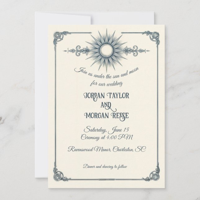 Invitación a la boda de sol azul de la caligrafía (Anverso)