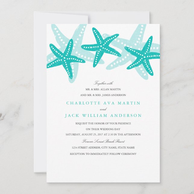 Invitación a la boda de Starfish Beach verde azula (Anverso)