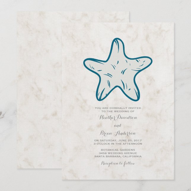 Invitación a la boda de Starfish Rustic Royal Blue (Anverso / Reverso)