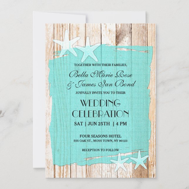 Invitación a la boda de Starfish Turquesa Rústica (Anverso)