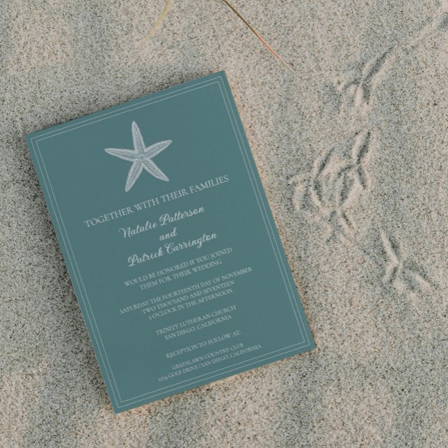 Invitación a la boda de Starfish verde azulado (Teal Starfish Wedding Invitation)
