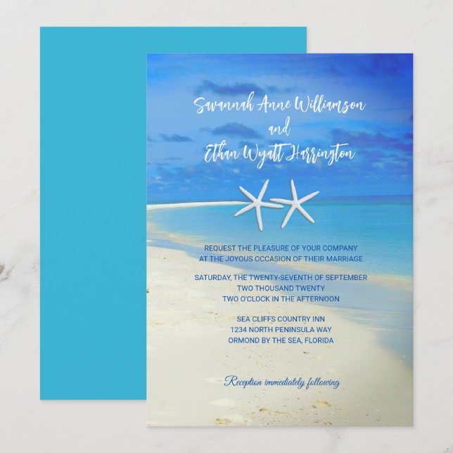 Invitación a la boda de Starfish White Scene (Anverso / Reverso)