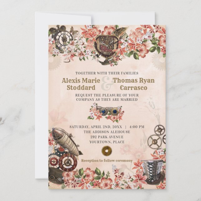 Invitación a la boda de Steampunk Floral (Anverso)