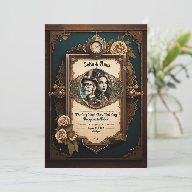 Invitación a la boda de Steampunk (fotos propias) (Anverso de pie)