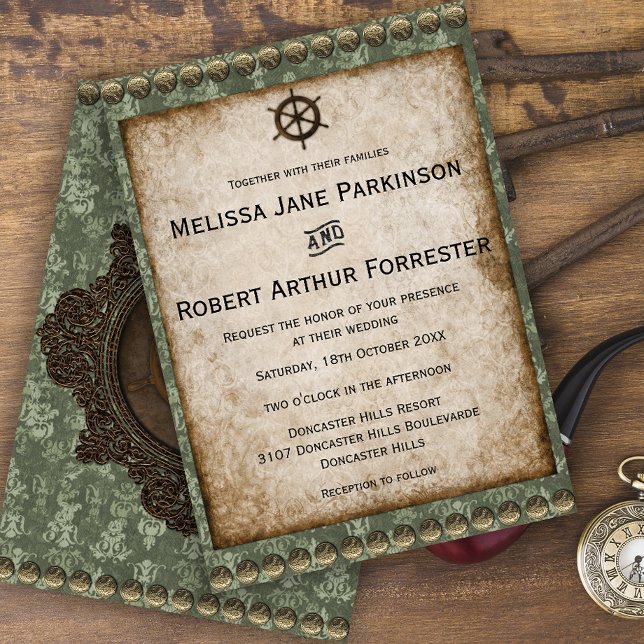 Invitación a la boda de Steampunk Verde en Victori (Subido por el creador)