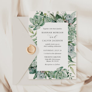 Invitación a la boda de suculentos y eucaliptos