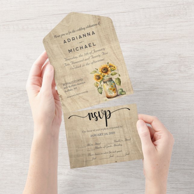 Invitación a la boda de Sunflower Mason Jar Wood (desgarro)
