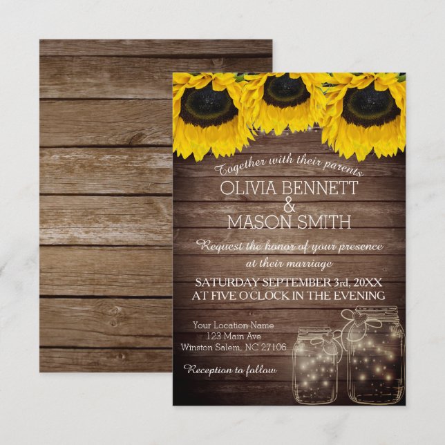 Invitación a la boda de Sunflower Rustic Mason Jar (Anverso / Reverso)