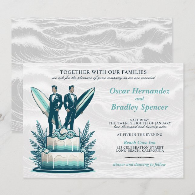 Invitación a la boda de Surf Grooms (Anverso / Reverso)