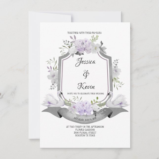 Invitación a la boda de Swan Escudo Gris Lavender (Anverso)