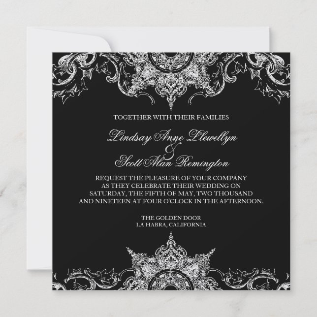 Invitación a la boda de Swift Black n White Damask (Anverso)
