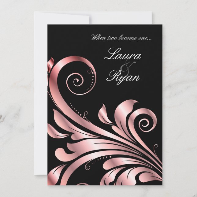 Invitación a la boda de Swirl Leaf Pink Negro (Anverso)