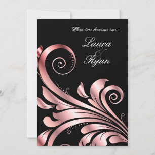 Invitación a la boda de Swirl Leaf Pink Negro