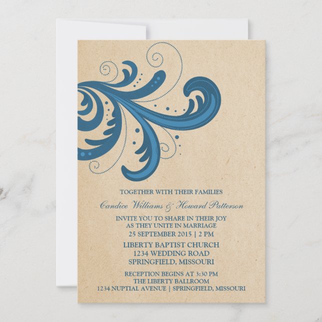 Invitación a la boda de Swirls con estilo azul (Anverso)