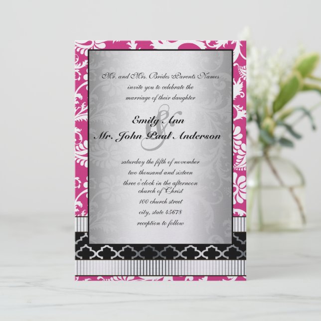 Invitación a la boda de Swirls Damask Pink (Anverso de pie)