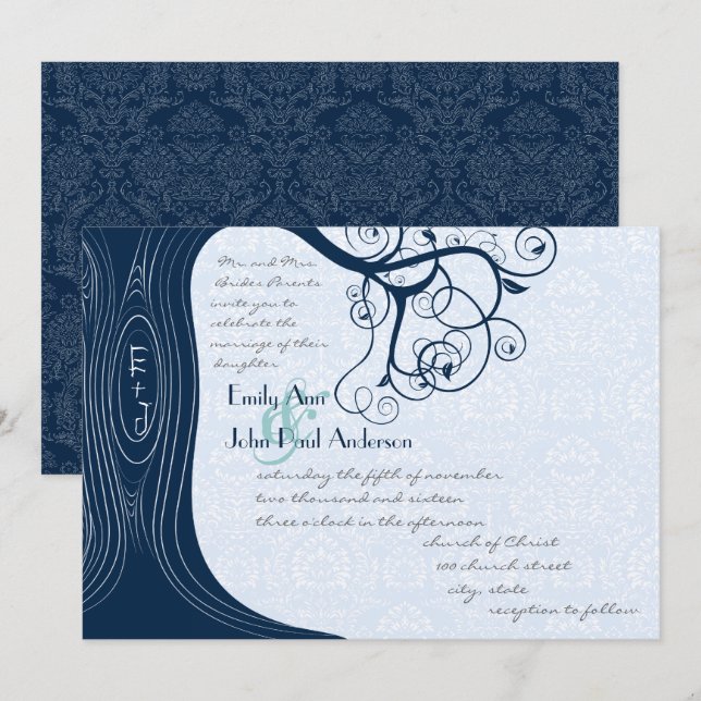Invitación a la boda de Swirls Tree Navy (Anverso / Reverso)