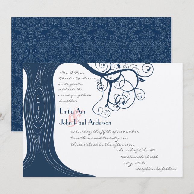 Invitación a la boda de Swirls Tree Navy (Anverso / Reverso)