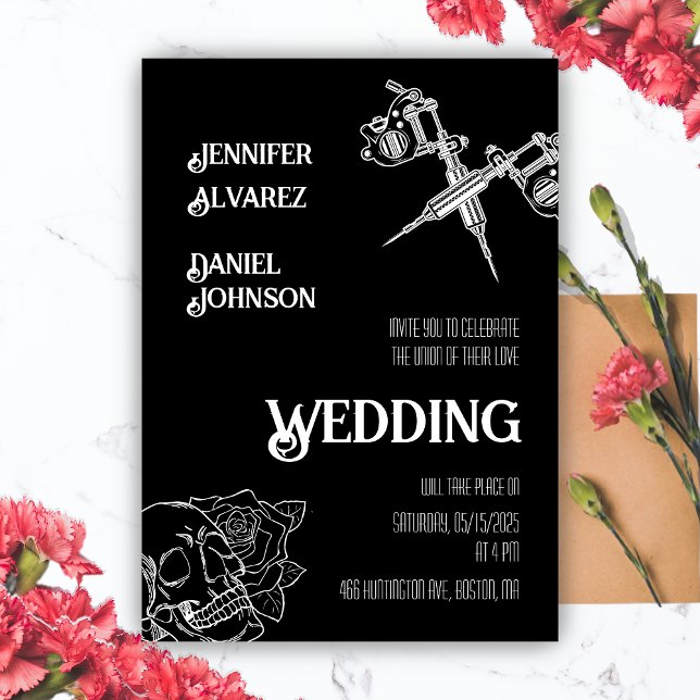 Invitación a la boda de tatuaje de cráneo blanco y (Black and White Skull Tattoo Wedding Invitation)