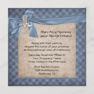 Invitación a la boda de tema occidental azul y tan
