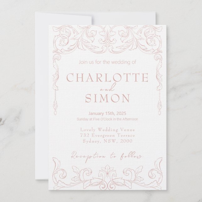 Invitación a la boda de temas de Rococo Rosado de  (Anverso)