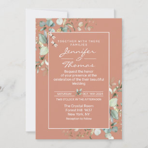 Invitación a la boda de Terracota y hojas verdes