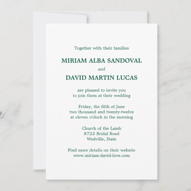 Invitación a la boda de texto verde formal minimal (Anverso)