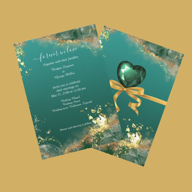 Invitación a la boda de tonos de joyas de oro verd (Emerald green gold indian jewel tones wedding Invitation
(front & back))