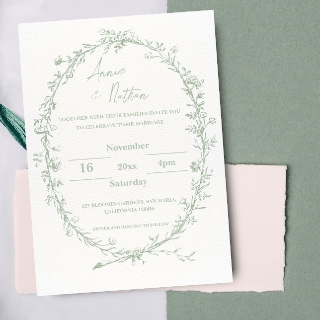 Invitación a la boda de tramas de diseño ordenado  (Intricate Green Ornate Design Frame Wedding Invitation)