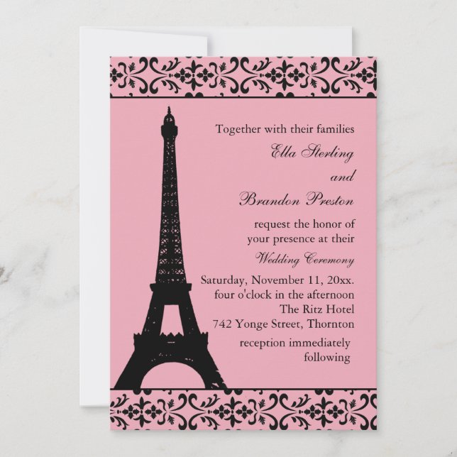 Invitación a la boda de Tres París (rosa) (Anverso)