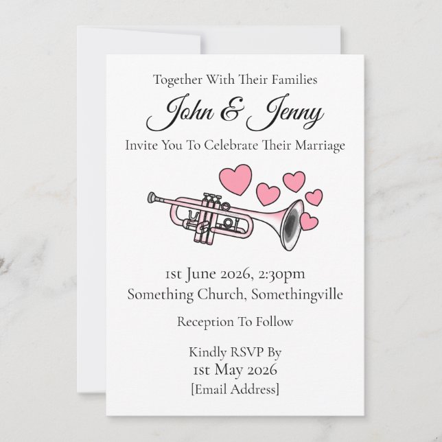 Invitación a la boda de trompetas a músicos de bro (Anverso)