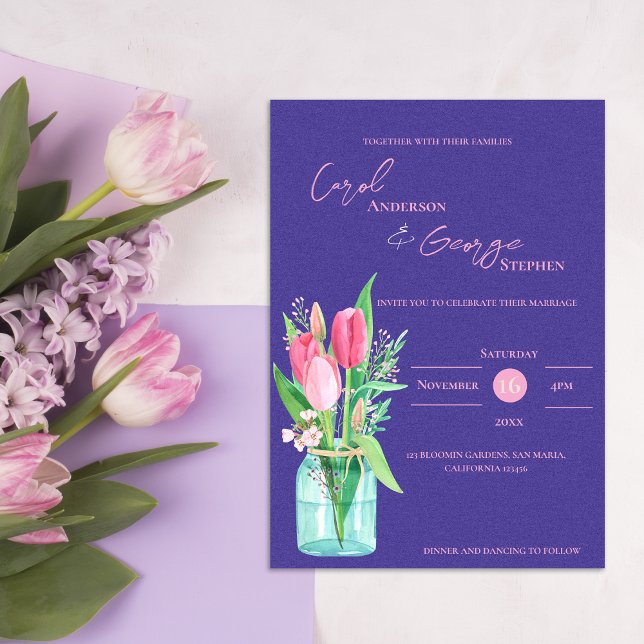 Invitación a la boda de tulipanes de Mason Jar Pur (Mason Jar Purple & Blush Tulip Wedding Invitation)