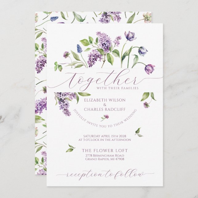 Invitación a la boda de tulipanes morados y flores (Anverso / Reverso)