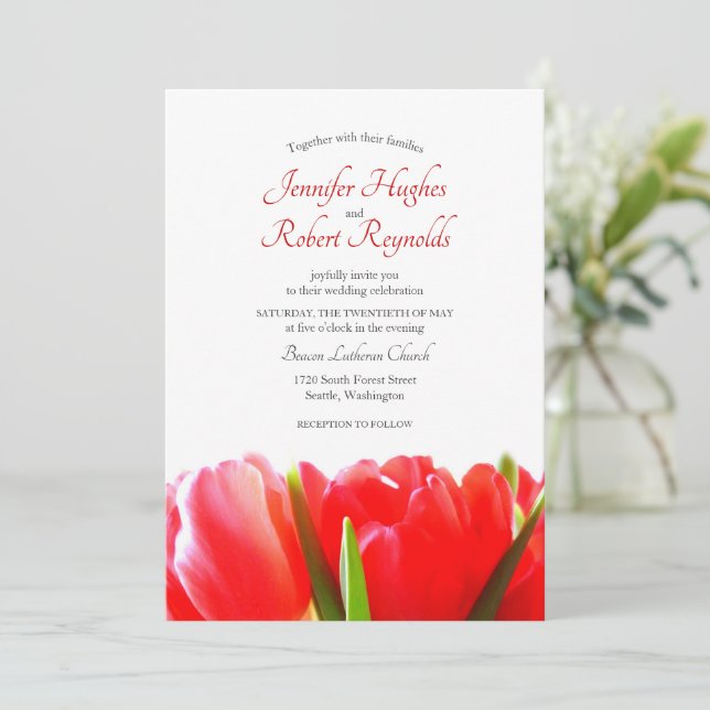 Invitación a la boda de tulipanes rojos (Anverso de pie)