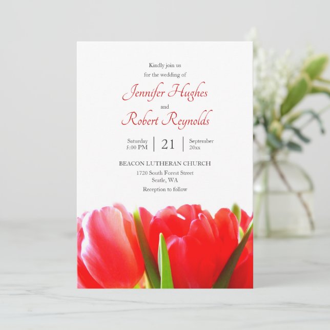 Invitación a la boda de tulipanes rojos (Anverso de pie)