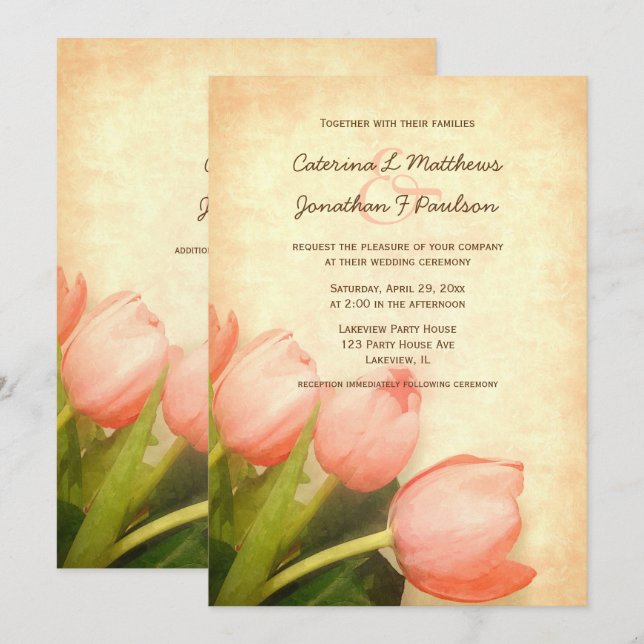 Invitación a la boda de tulipanes rosados en prima (Anverso / Reverso)