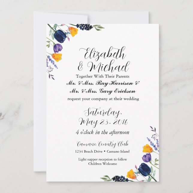 Invitación a la boda de tulipanes y flores silvest (Anverso)