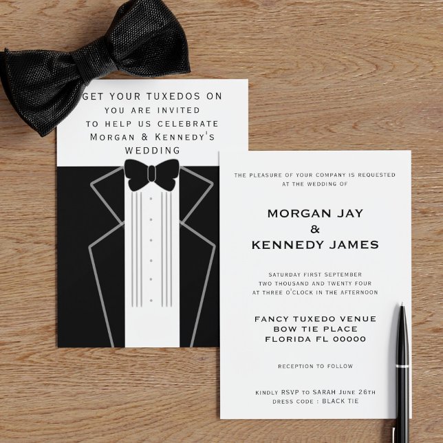 Invitación a la boda de Tuxedo en el traje negro (For your Black Tie Tuxedo Wedding, add the details of yours)