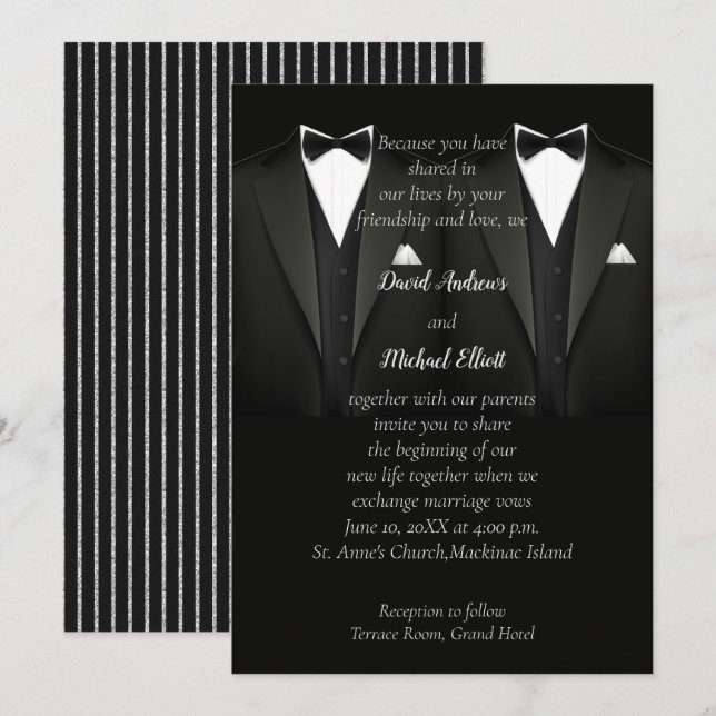 Invitación a la boda de Tuxedo Gay Negro y Plata (Anverso / Reverso)