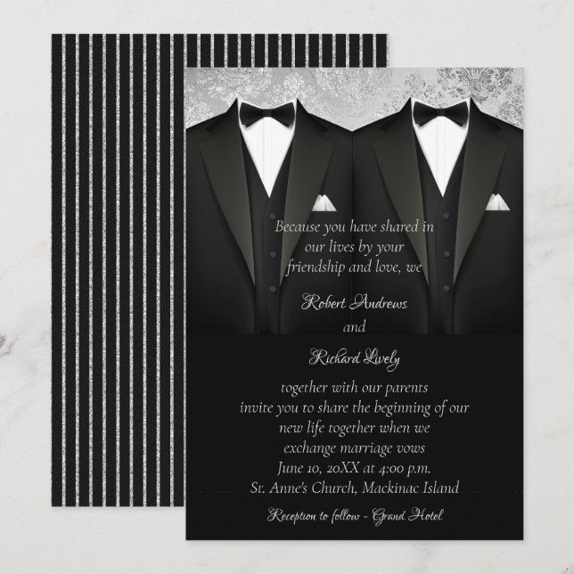 Invitación a la boda de Tuxedo gay negro y platead (Anverso / Reverso)