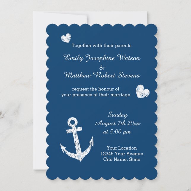 Invitación a la boda de un ancla blanco azul marin (Anverso)