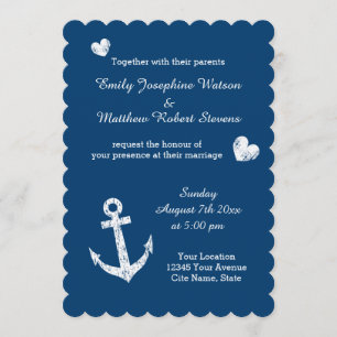 Invitación a la boda de un ancla blanco azul marin