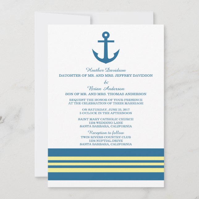 Invitación a la boda de un Ancla Náutico Amarillo  (Anverso)