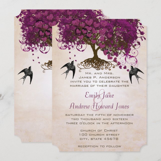 Invitación a la boda de un árbol de hojas de coraz (Anverso / Reverso)