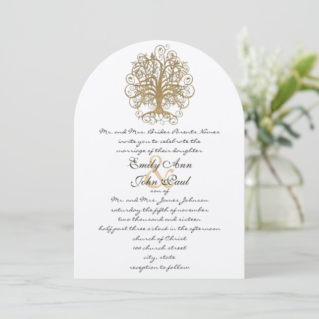 Invitación a la boda de un árbol giratorio dorado (Anverso de pie)
