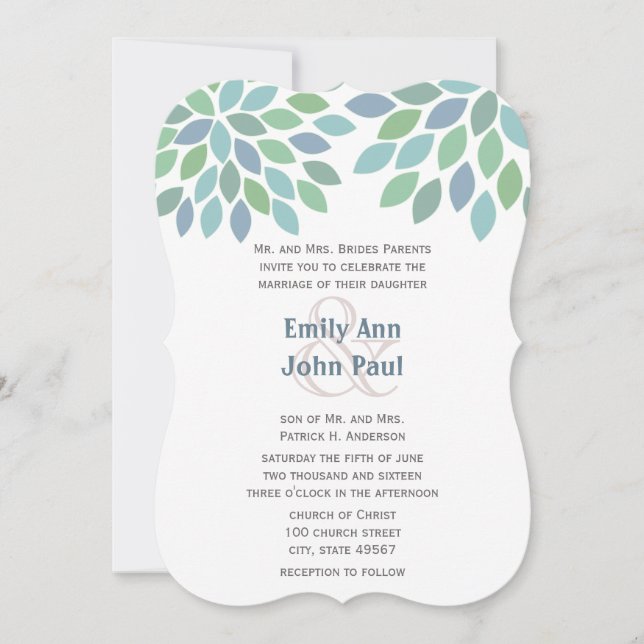 Invitación a la boda de un árbol moderno verde azu (Anverso)