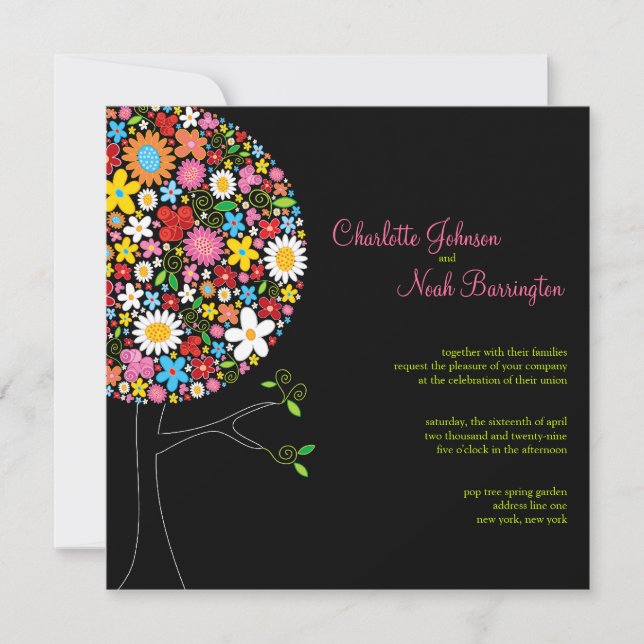 Invitación a la boda de un árbol pop con flores de (Anverso)