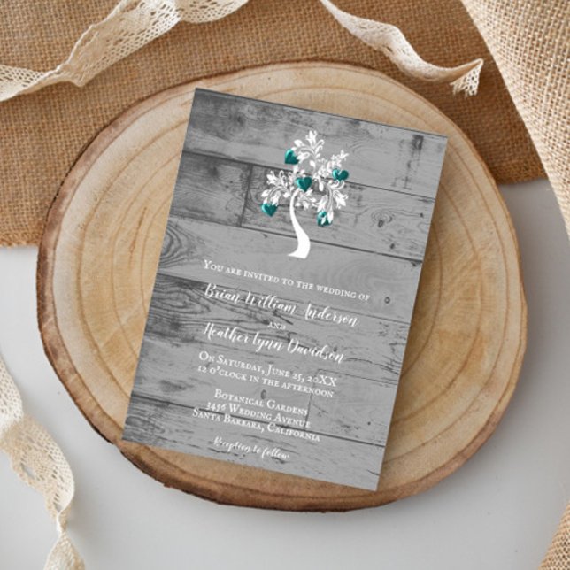 Invitación a la boda de un árbol verde azulado de  (Teal Tree of Hearts Wedding Invitation)